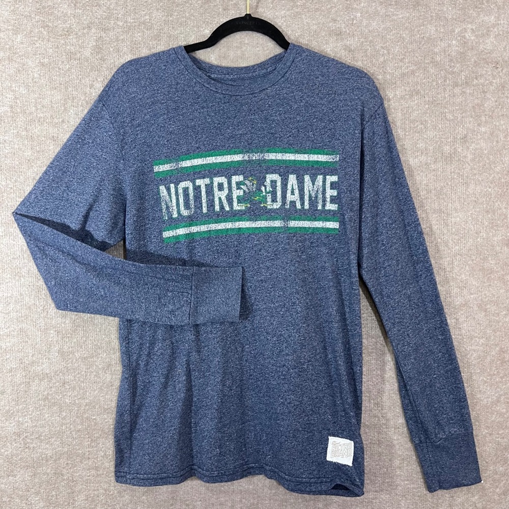 Vintage Retro Brand Notre Dame Shirt Mens Small Long Sleeve Heather Blue Sporty